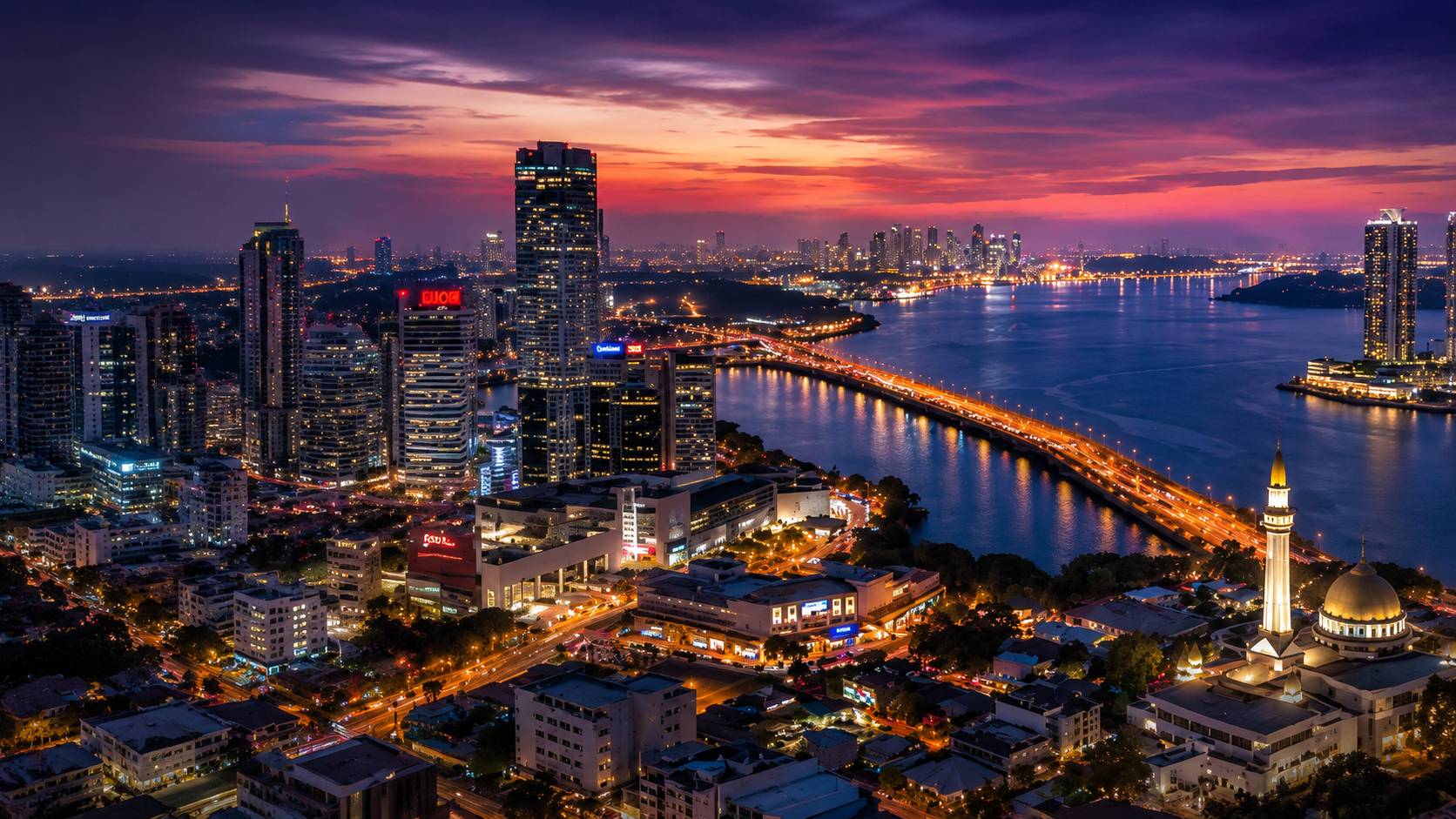 Johor Bahru skyline and the Causeway at dusk